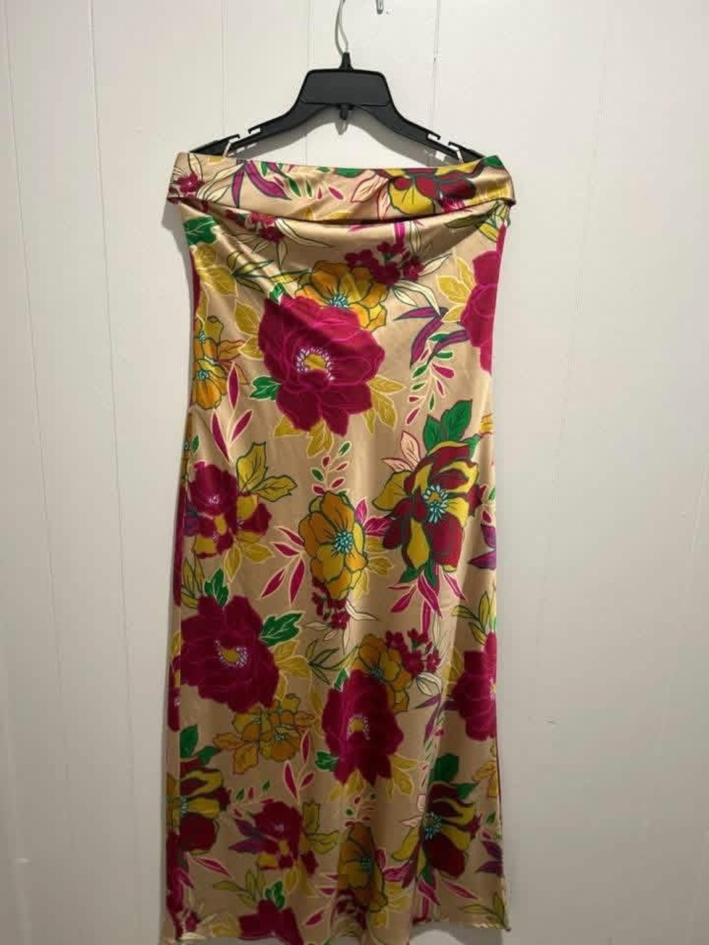 Sincerely Jules Beige Satin Slip Dress with Fuchsia & Yellow Floral Print